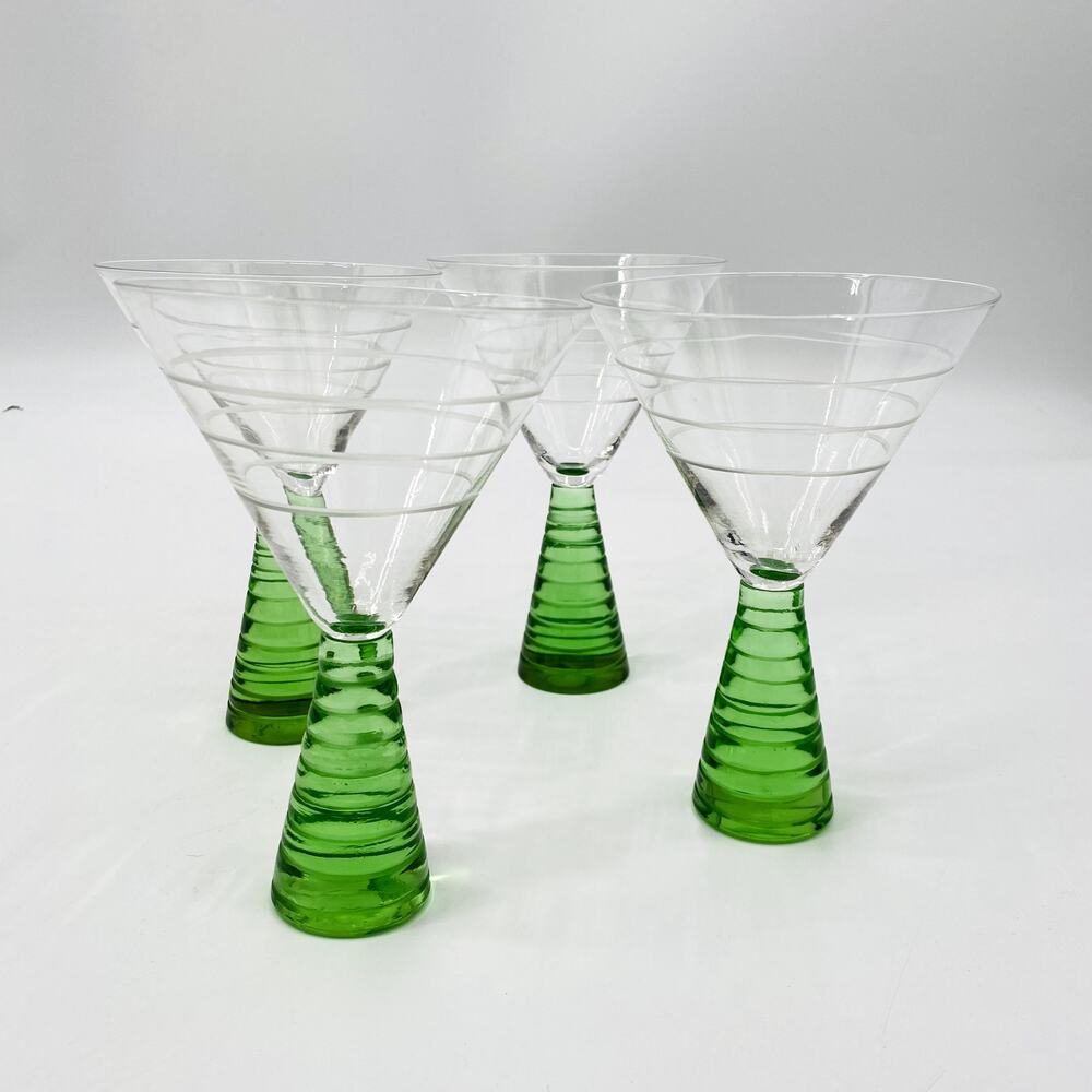 Vintage Green Art Deco Mid Century Modern Martini Glass Set